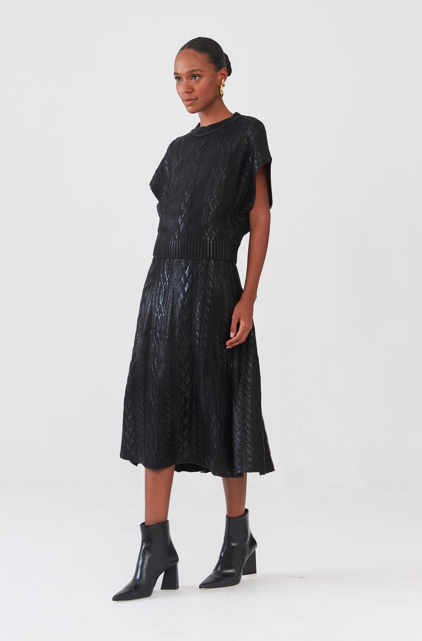 Saia Midi Em Tricot Tranças Com Foil Preto