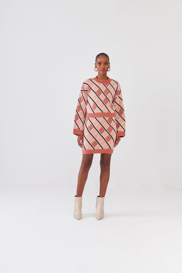 Blusa Manga Longa Ampla Em Tricot Jacquard Losango Rosa