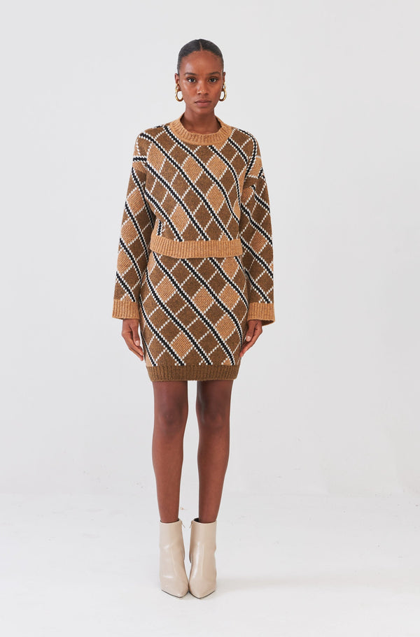 Mini Saia Em Tricot Jacquard Losango Caramelo