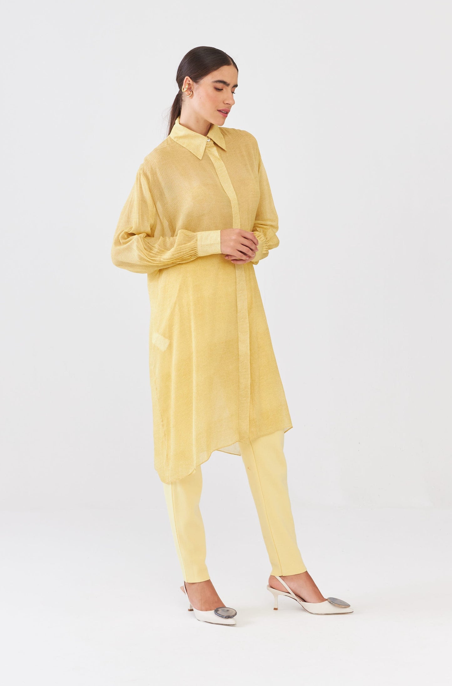 Chemisie Manga Longa Detalhe Pregas Knit Amarelo