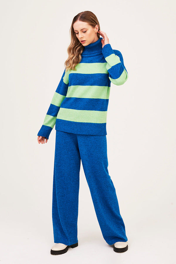 Calça Em Tricot Com Cós Canelado Mescla Azure