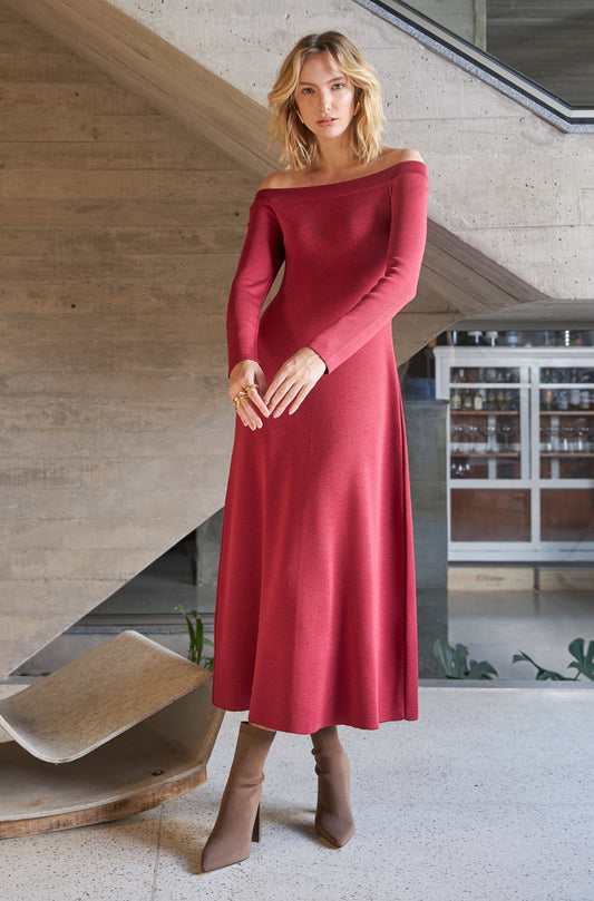 Vestido Midi Decote Ombro A Ombro Em Tricot Mineral Red